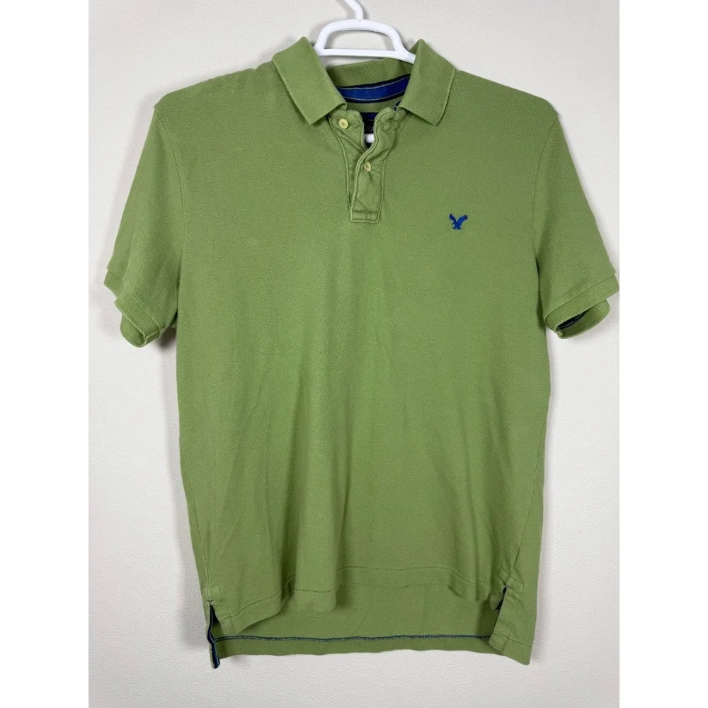 Vintage Y2K American Eagle Outfitters Mens Green Pique Polo Shirt Large Preppy